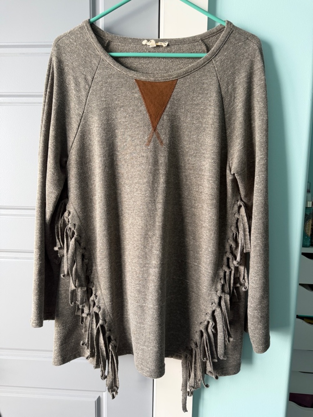 Gray-green Fringe Long Sleeve Tunic with Brown Accent